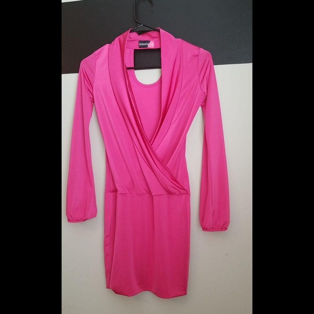 NEW LISTING! Fuchsia Wrapped Plunging Neck Mini Dress - Picture 14 of 15